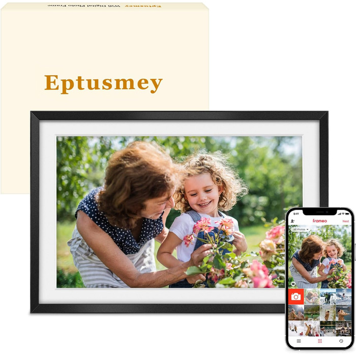 Frameo Цифровий фоторамка 10.1 дюймів з Wi-Fi, горіхове дерево, 32GB, IPS сенсорний екран 1280*800 HD, відтворення фото/відео через додаток Frameo, подарунок для чоловіків та жінок