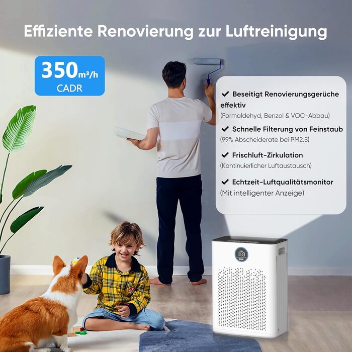 Повітряочисник з керуванням через додаток, HEPA фільтр H14, фільтр з активованим вугіллям, розумний дім, сумісний з Alexa, для великих приміщень (KJ3-7, 2x HEPA фільтри)