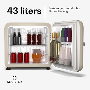 Міні-холодильник Klarstein Audrey Evo 68L: Ретро-дизайн, тиха робота 40 dB, компресор, регульовані ніжки, двері, що відкидаються, для спальні та офісу (43 L, Енергоклас E, кремовий)
