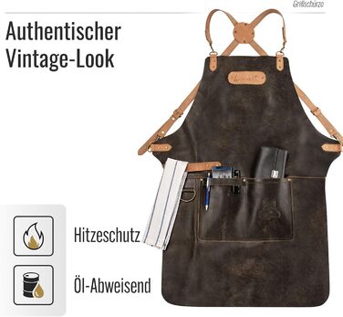 Фартух з натуральної шкіри буйвола, чорний: для гриля, барбекю, приготування їжі та кухні. Вінтажний стиль.