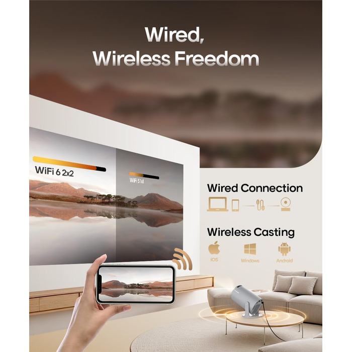 Портативний проєктор Mini Beamer 4K з Android 11: Smart, електричний фокус, WiFi 6, BT 5.0, Full HD 1080P, 260ANSI, корекція трапеції, 5W динамік (сірий)