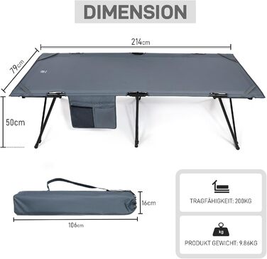 Складане польове ліжко EVER ADVANCED XXL для кемпінгу, 200 кг, 214x79x50 см, з бічною кишенею, стійке та портативне для відпочинку, подорожей, саду, вулиці та дому
