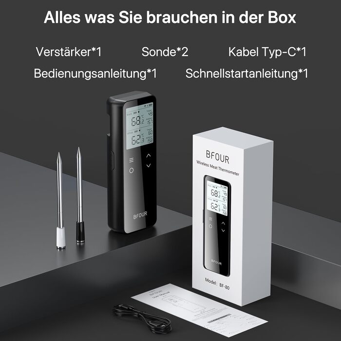 Бездротовий термометр для м'яса з Bluetooth та Wi-Fi, 2 зонди, 6 сенсорів, водонепроникний, точність ±0,1°C, для гриля, духовки, жарки – BF-80