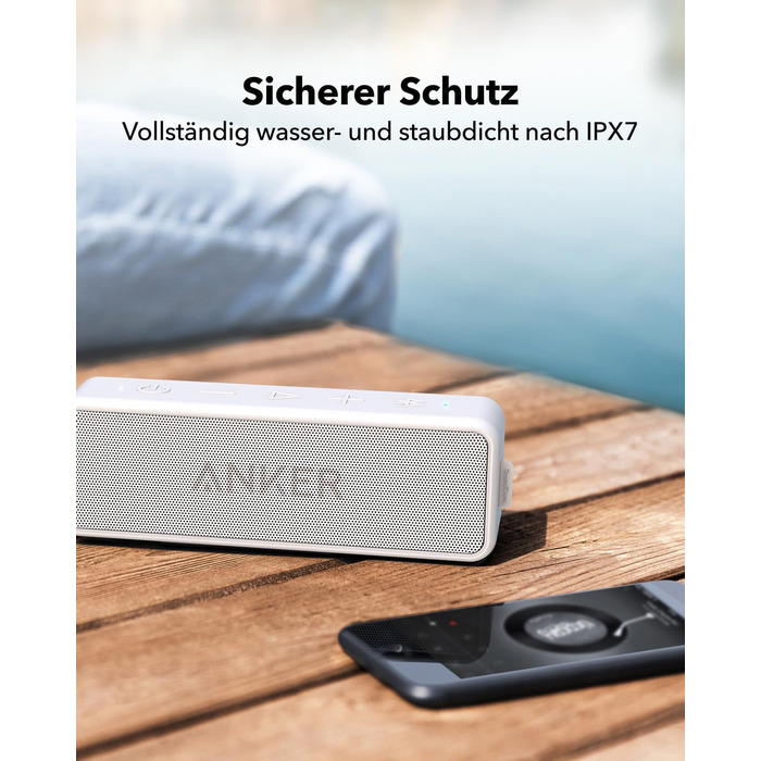 Портативна Bluetooth колонка Anker SoundCore 2, білий колір. Якісний звук, потужний бас, 24 години роботи від акумулятора, водонепроникність IPX7, сумісна з iPhone, Galaxy та іншими пристроями.