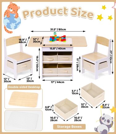 Дитячий стіл зі стільцями, ігровий стіл для дітей з місцем для зберігання, набір меблів для дитячої кімнати (натуральний колір)