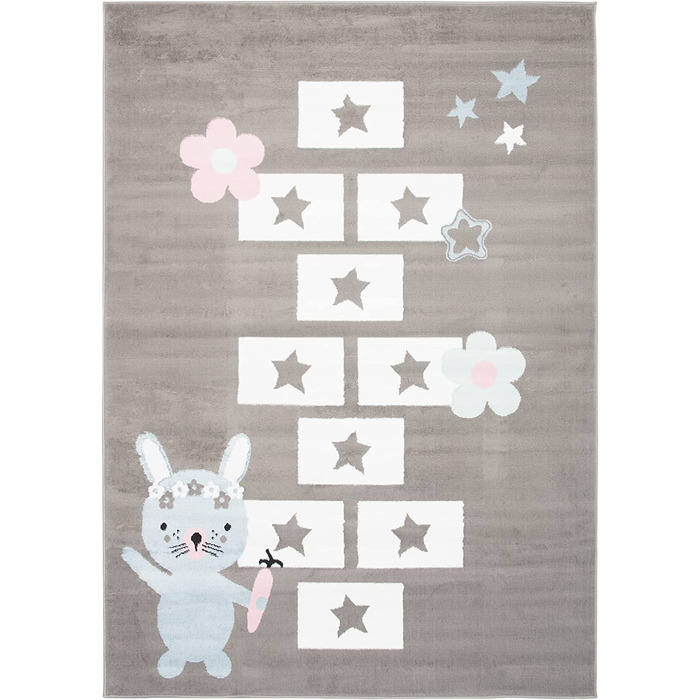 Дитячий килим TAPISO, дитячий килим з коротким ворсом, сірий, білий, рожевий, синьо-сіро-коричневі квіти, місячний кролик, сучасна дитяча кімната (140 х 200 см, сіро-синій 1)