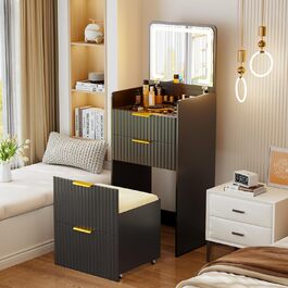 Трюмо Lvifur з LED-дзеркалом та 3 шухлядами, кутовий, для спальні, квартири, гуртожитку, білий (чорний)