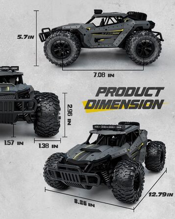 Радіокерований позашляховик Tecnock 1:16 з підсвічуванням, 2.4GHz RC Monstertruck, 2 акумулятори (60 хв роботи) - іграшка для дітей та дорослих, сірий