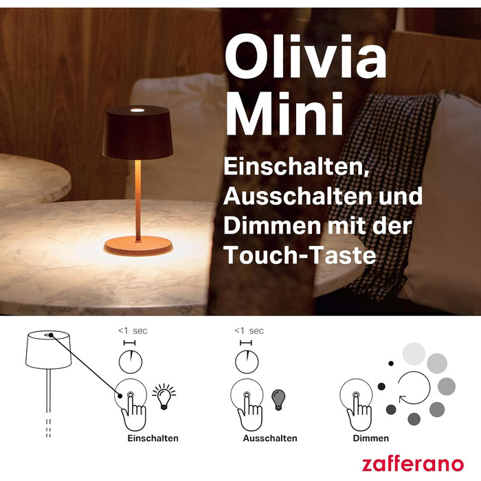 Zafferano Olivia Mini Лампа: Портативна LED-лампа з торканням, 22 см, фіолетовий колір, для дому та вулиці, диммер, 2700-3000K, з зарядним пристроєм (стара версія)