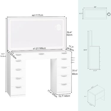Туалетний столик YITAHOME зі світлодіодом, дзеркало, 11 ящиків і табурет, білий