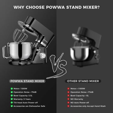 Кухонна машина POWWA 5.5L з 6 швидкостей, 1500W, для замішування тіста, з міксером, гаком для тіста та насадкою для збивання, чорного кольору