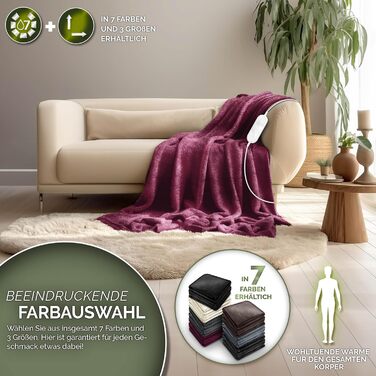 Електрична грілка з плюшу 200x180 см, сертифікат TÜV SÜD GS | З таймером, 9 температурних режимів, відключенням, цифровим дисплеєм, пральна до 40°C, бордовий колір