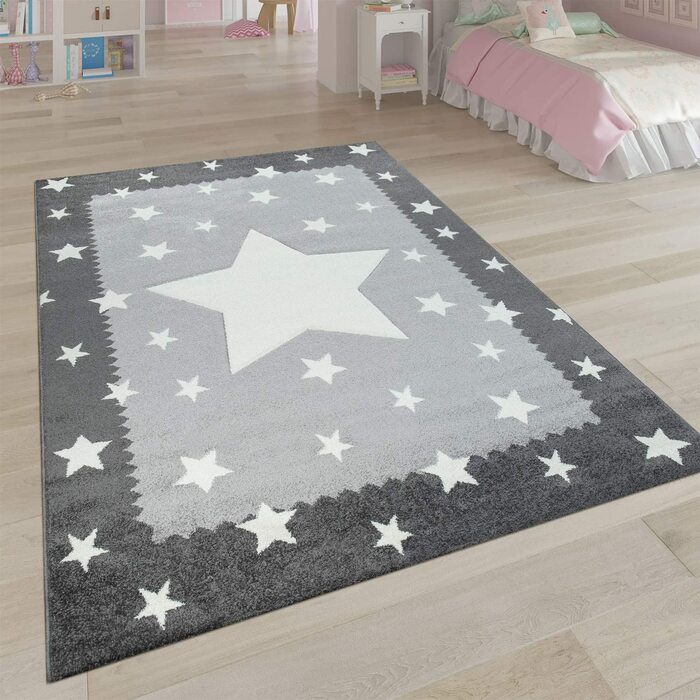 Дитячий домашній килим Paco, сіро-білий, для дитячої кімнати, з 3-мірною окантовкою у вигляді зірок, м'який міцний, розмір 140x200 см