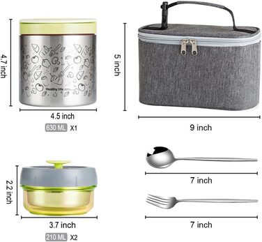 Набір ланч-боксів Lille Home 1065 мл з термоізоляцією, 2 контейнери BPA-free, сумка, столовий прилад, зелений