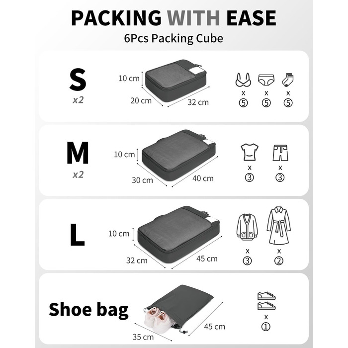 Набір органайзерів для валізи ECOHUB, 6 предметів, дорожні компресійні сумки з ID-тегами з перероблених матеріалів, дихаючі органайзери для подорожей та рюкзака, темно-сірі