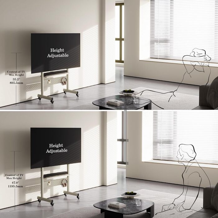 Підставка для телевізора FITUEYES на колесах, регульована по висоті, для 40-85 дюймів, VESA 600x400, 60 кг, бежева