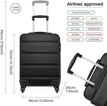 Чемодан ручної поклажі KONO з колесами та TSA замком, чорний