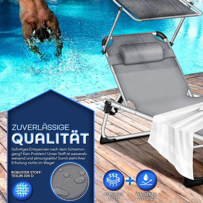 Сонячне ліжко Tillvex® з дахом та подушкою для голови | Садове ліжко, розкладний шезлонг | Пляжне ліжко з регульованою спинкою | Алюмінієве ліжко (Базовий рівень, сірий)