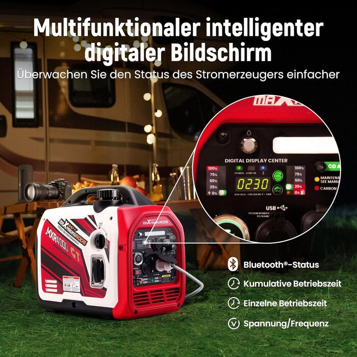 Інверторний генератор maXpeedingrods 2000W: бензиновий, 4-тактний, з USB та 230V, цифровий дисплей, для кемпінгу та подорожей, з App-керуванням (MXR4000GT)