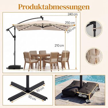 Садова парасолька COSTWAY 250x250 см з LED-підсвіткою, стійкою та рукояткою, квадратна сонцезахисна парасолька для тераси, басейну та двору, бежева