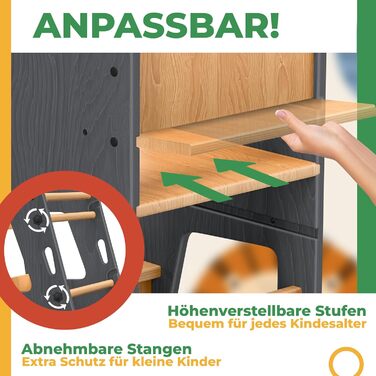 КІДІЗ® навчальний стільчик для дітей від 1 року | 3-ступеневий регульований по висоті | з навчальним годинником | дерев'яний (сосна) | розвиває моторику | Montessori Learning Tower | до 50 кг | антрацит & сосна