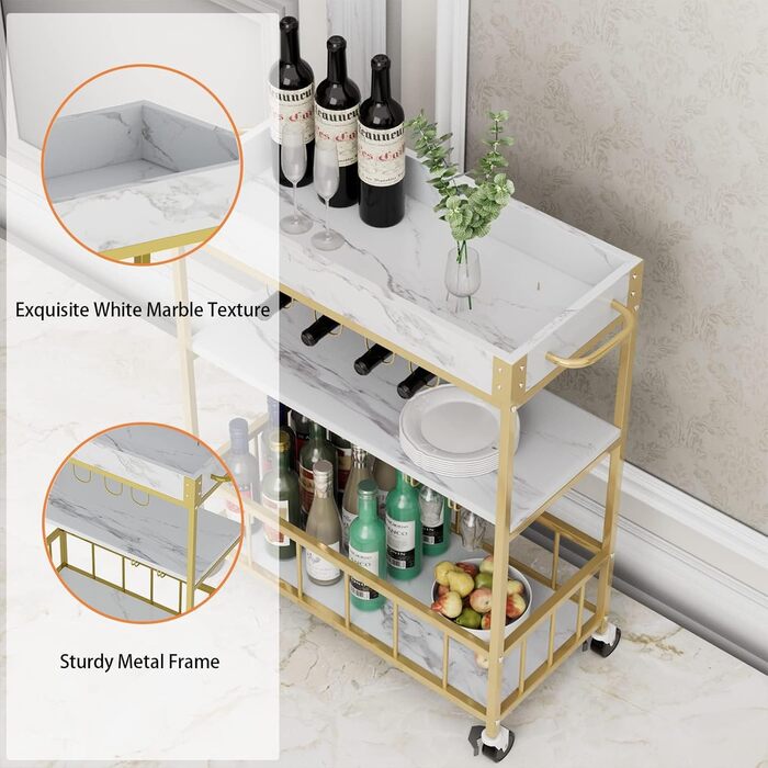 Сервізний візок Huhote з полицею для вина, барний візок, візок для напоїв, візок на колесах, візок для вина в їдальню, кухню, вітальню, бар, вечірку, з імітацією текстури дерева (золотий, корзина без заліза)
