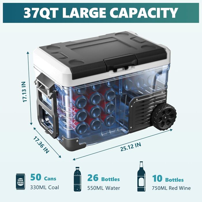 Автохолодильник EUHOMY 35L з Wi-Fi та компресором: 12/24V, 220-240V, -20℃~20℃, з колесами та кошиками для подорожей та кемпінгу (Чорний)