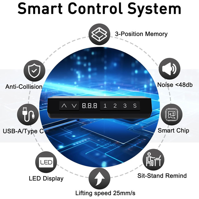 Електричний стіл 140x70 см з регулюванням висоти, USB-A/Type-C, пам’яттю і функцією повернення, висота 70–119 см