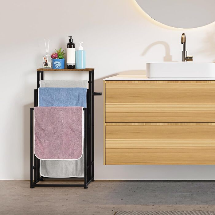 Підставка для рушників Smusei, настільна, 3-ярусна, з полицею з дерева, з нержавіючої сталі, для ванної кімнати та вітальні, 40x30x82 см, чорний (вінтажний коричневий)