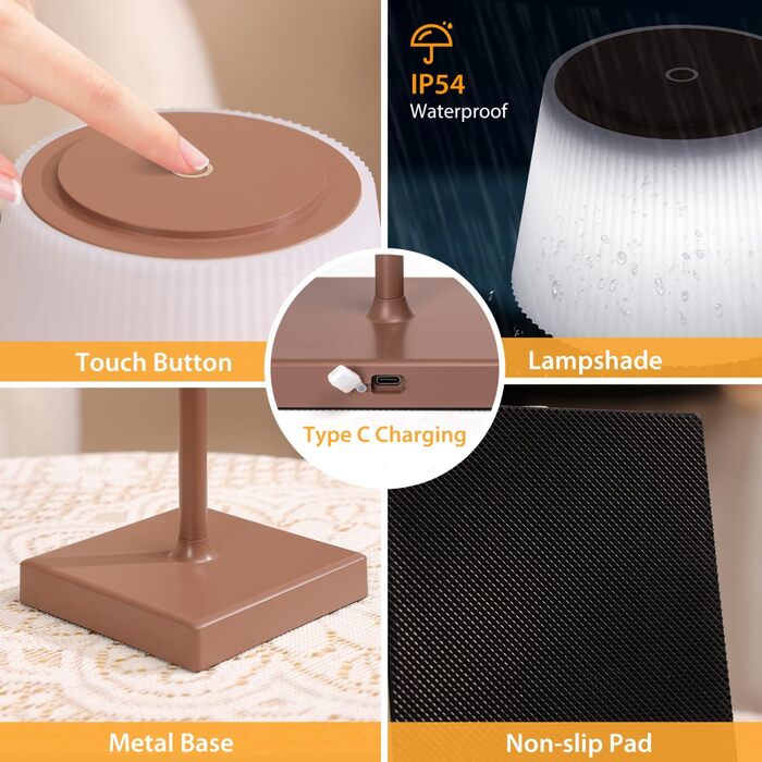 Aigostar LED акумуляторна настільна лампа бездротова, торшер з сенсорним керуванням, 3 режими кольору, IP54 вологостійка, для дому та саду (темно-коричнева)
