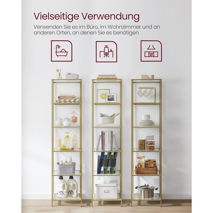 Регал VASAGLE з 5 полицями, скляна вітрина для ванної, вітальні, кухні, офісу, прозора + металік золото, легка збірка, LGT029A01