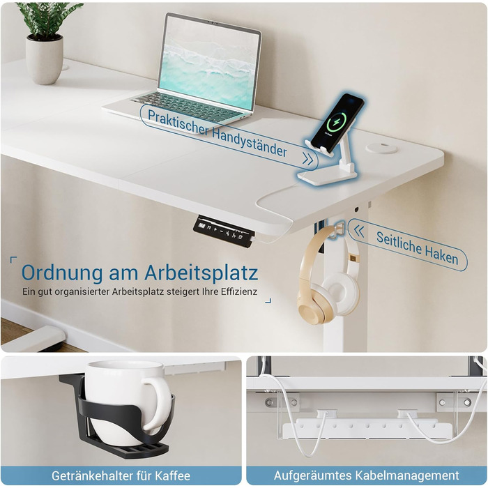 Регульований стіл 120x60 см з USB-C, електричний з пам'яттю, для офісу, стоячий, комп'ютерний, білий Pro