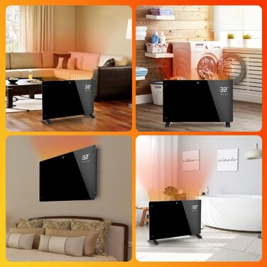 Скляний конвекторний обігрівач Daromigo 2000W з термостатом та WiFi, IP24, настінний, енергозберігаючий, чорний