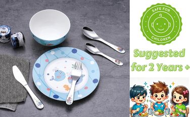 Набір дитячого посуду Exzact з нержавіючої сталі (6 шт.) - миска, тарілка, ніж, виделка, ложка для чаю, столова ложка - подарункова коробка