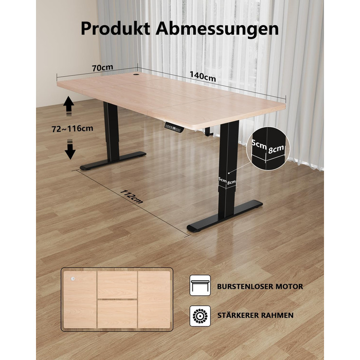 Регульований стіл Flamaker: електричний, з пам'яттю, для офісу та дому, 140 x 70 см, коричневий (бежево-чорний)