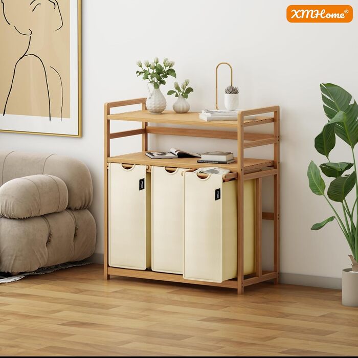 Бамбуковий сортувальник для білизни з 3 відділеннями, 148 літрів, 2 яруси, великий кошик для білизни з знімним мішком, прямокутна коробка для ванної, спальні та пральні, 77.5x41.3x100.5 см, Бежевий