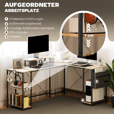 Кутовий письмовий стіл, багатофункціональний офісний стіл з регульованими полицями, кишенею для зберігання та підставкою для монітора, натуральне дерево