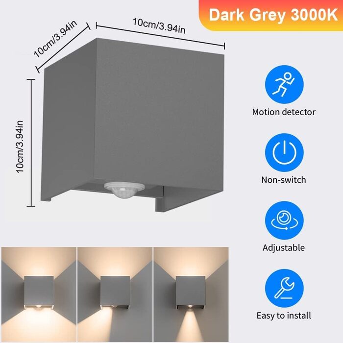 Klighten Вологостійкий вуличний світильник з датчиком руху 12W, IP65, 3000K, тепле біле світло, для внутрішнього та зовнішнього використання, регульований світловий потік, колір - темно-сірий