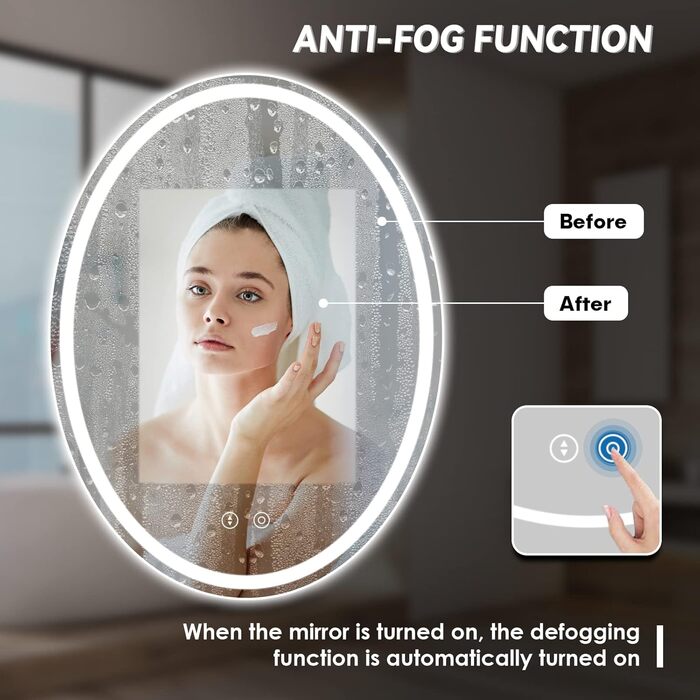 Дзеркало для ванної кімнати Dripex з підсвічуванням LED, сенсорне керування, регулювання яскравості, 3 кольори світла, антизапарник, овальне, 50 x 70 см