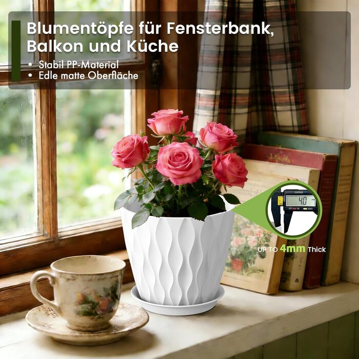 Набір горщиків для квітів 20 см, 5 шт. з підставкою та дренажними отворами, пластик, білий. Підходить для монстери, герані та інших кімнатних/садових рослин.