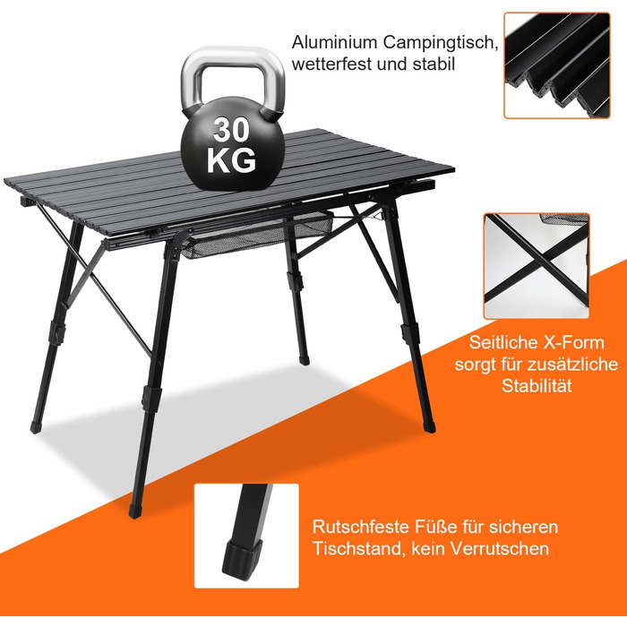 Кемпінговий стіл Fiqops Розкладний стіл регулюється по висоті, кемпінговий стіл складний, кемпінговий стіл з рулонною стільницею та сумкою для перенесення, алюмінієва рама, вантажопідйомність до 30 кг для банкету чорний
