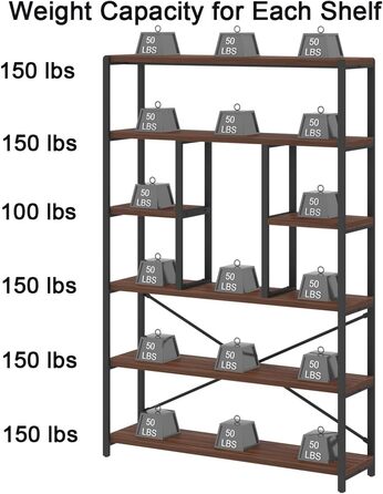 Стелаж LVB з 6 полицями для вітальні, офісу, кухні. Стелаж-стінка з дерева, горіх, 180 см
