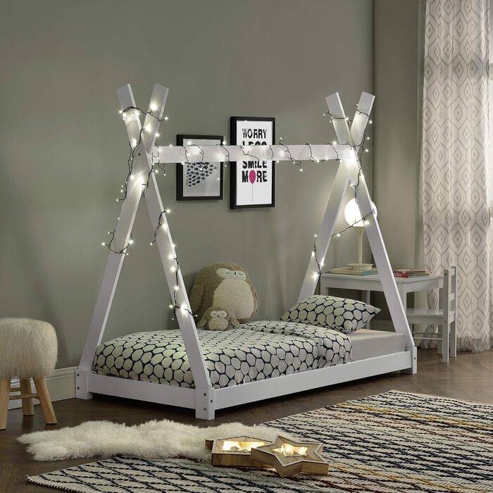 Ліжко дитяче Onejda від en.casa, Tipi-дизайн, 80x160 см, з натурального дерева, біле