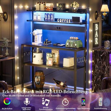 Кухонна полиця-стійка з розеткою, підставка для мікрохвильовки, 5-рівнева кавобар з LED-підсвічуванням, полиця для спецій, каструль та сковороди (80 см, чорний)