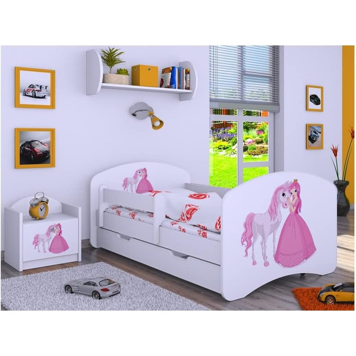 Дитяче ліжко BDW з матрацом і ящиком для зберігання - НОВИНКА, 140/160/180/190 Різні мотиви для хлопчика Білий (180x90, Принцеса з конем)