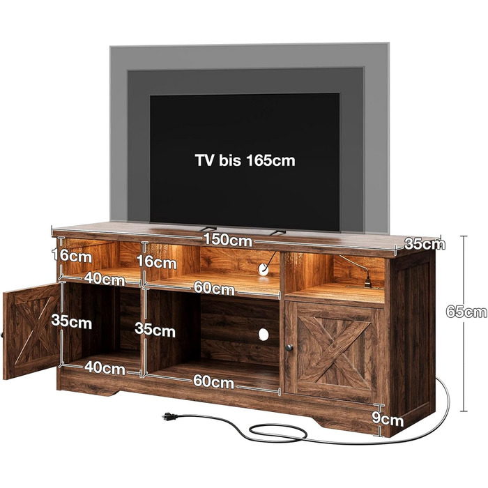 Тумба під телевізор Coleshome з розетками, USB, LED, 4 відкритими полицями та 2 шухлядами, 150x35x65 см, білий та горіх