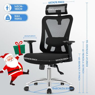 Ергономічне крісло для офісу з підголівником та підтримкою попереку, регульовані підлокітники та висота, поворотне крісло з регулюванням нахилу 90°-130° (фіксація), вантажопідйомність до 150 кг