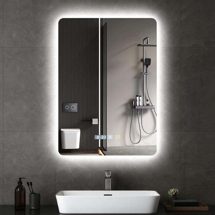 Дзеркало Bellanny LED з підсвічуванням 60 см | Настінне дзеркало для ванної кімнати, комодний дзеркало | Дзеркало для макіяжу з сенсорним вимикачем, 3 кольори світла, регульована яскравість, проти запотівання, IP44, горизонтальне/вертикальне (прямокутне -