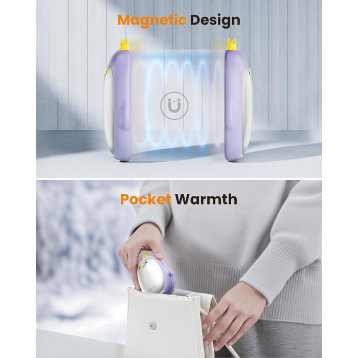 Електричні грілки для рук Gaiatop (2 шт) з 3 режимами нагріву, магнітні, портативні, багаторазові. Ідеальні для кемпінгу, піших прогулянок, полювання. Подарунок для жінок та чоловіків (фіолетові)