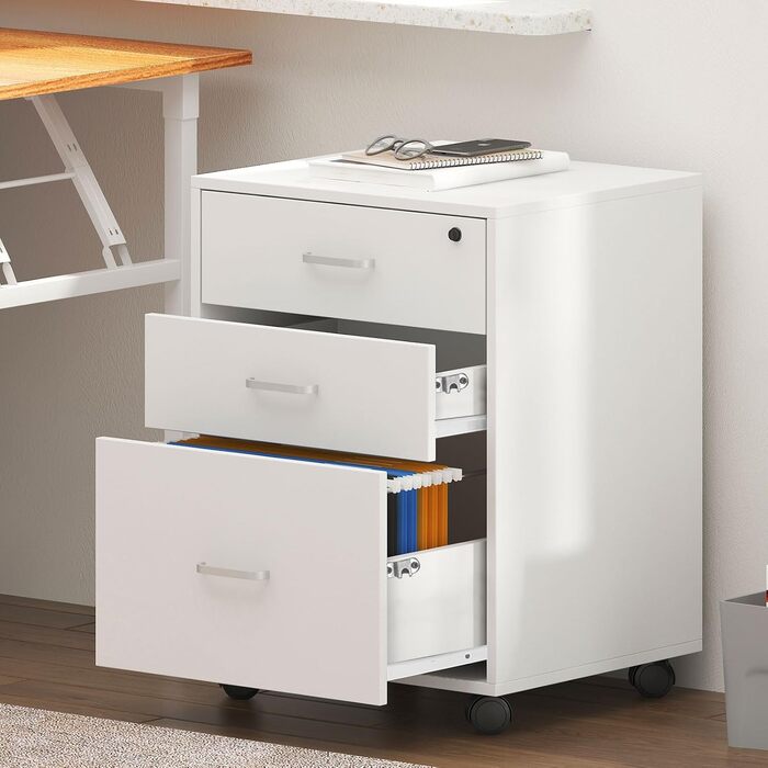 Шафа для документів на колесах SogesHome, офісний контейнер з 3 висувними ящиками, білий, з замком
